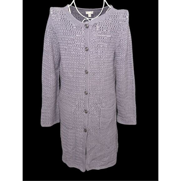 Great Condition WOMEN J Jill Sweater blue Cardigan Button Up Cable Knit blue Lon - Picture 2 of 13